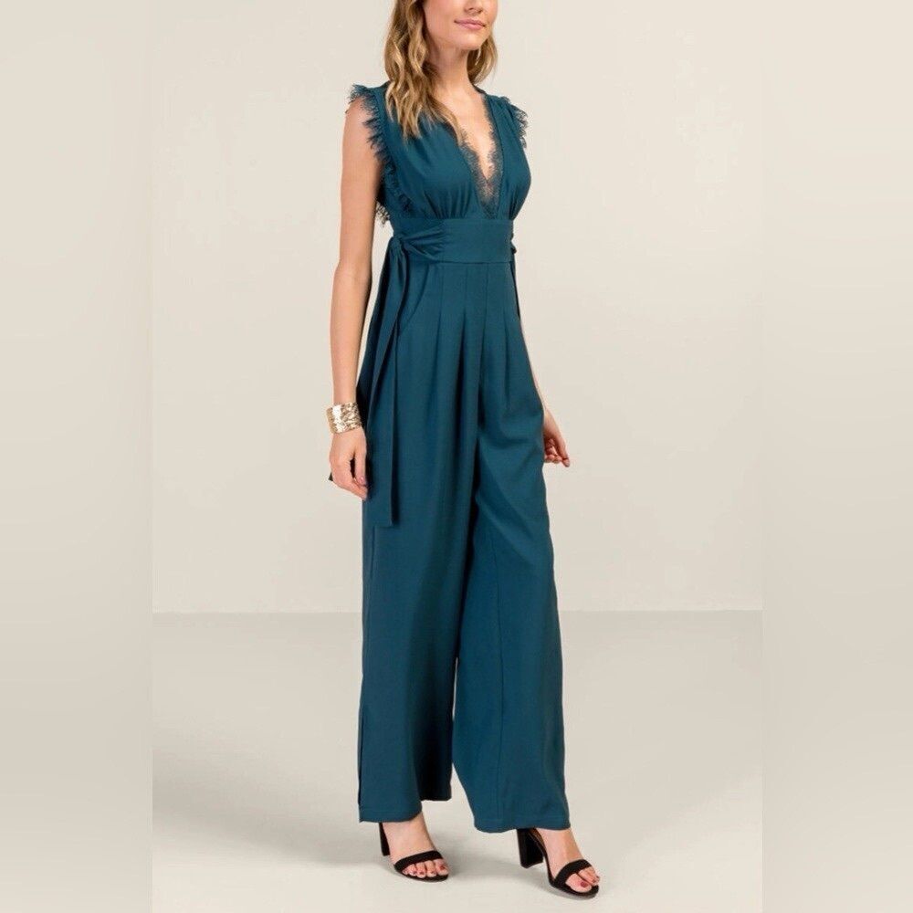 Francesca's Collections Teal lace Fringe Jumpsuit- medium